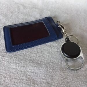 Blue Retractable ID Card Holding Clip On Work Badge Keychain Vegan Leather